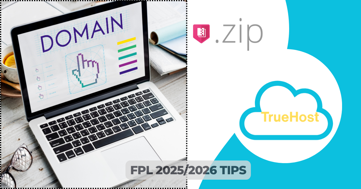 A laptop with its scren open on domains, a .zip graphic all in the background the truehost logo and title .zip domain phishing