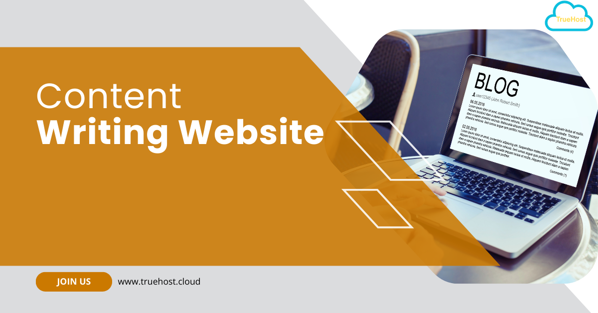 Shows a woman content writing on her laptop